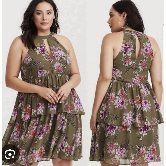 Torrid Dress Size 0 Floral Chiffon Ruffled High Neck Olive Green Layered Sexy - Picture 1 of 9